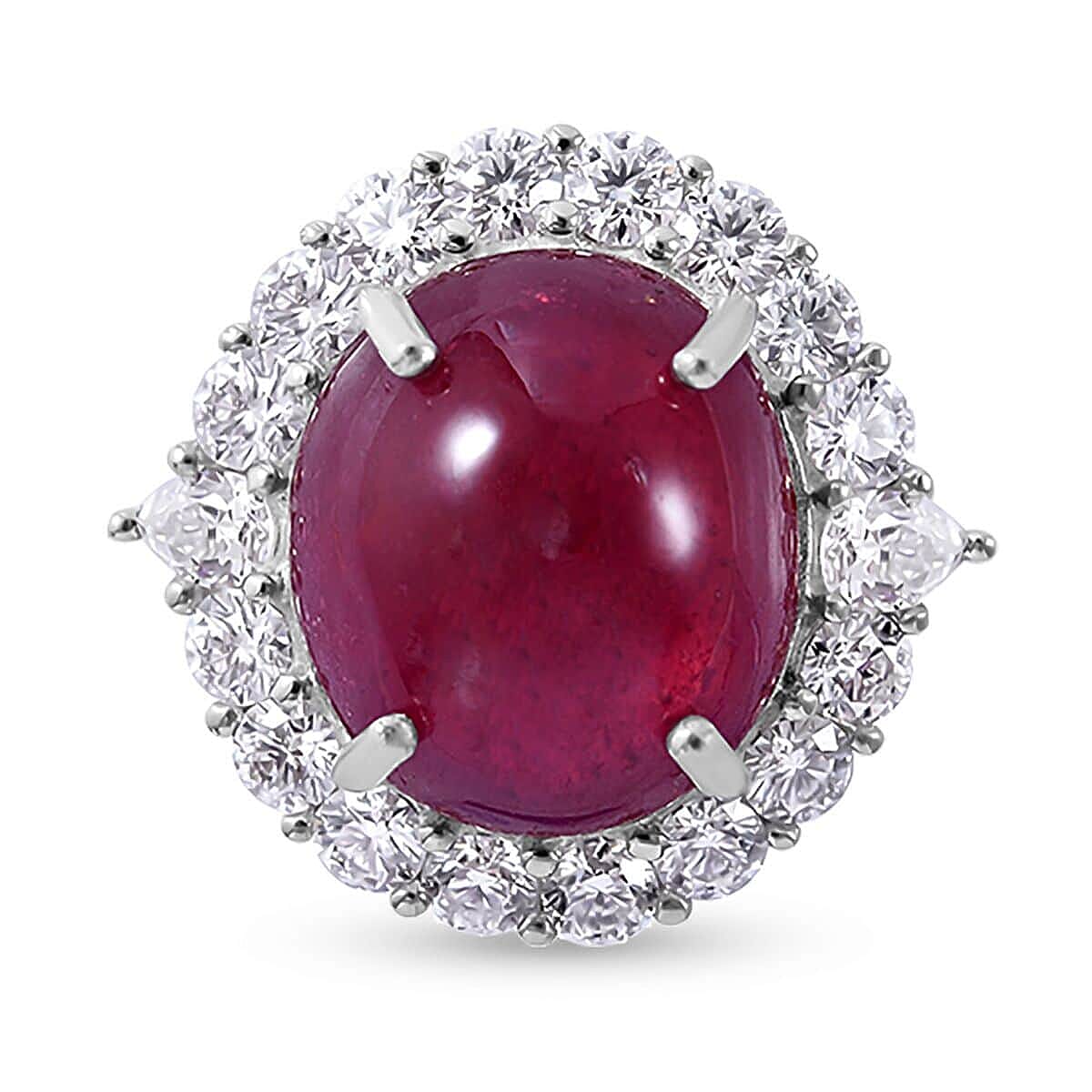 Niassa Ruby (FF) and Moissanite Sunburst Ring in Platinum Over Sterling Silver (Size 10.0) 19.40 ctw