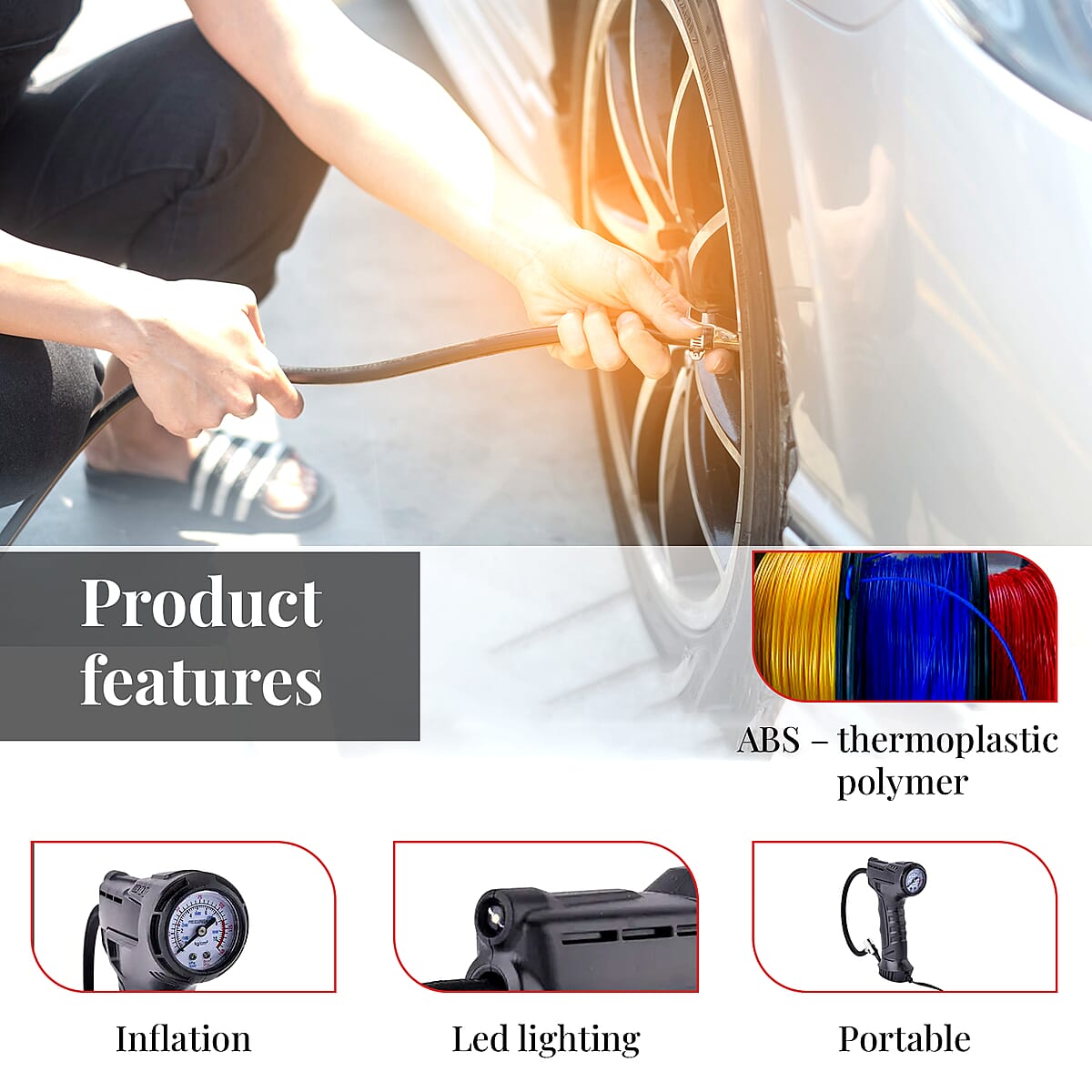 Black Portable Automobile Air Pump with Inflation, Lighting, Automatic Charging and Stopping Function image number 4