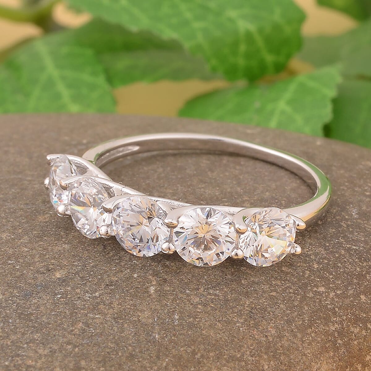 Simulated Diamond 5 Stone Ring in Rhodium Over Sterling Silver (Size 10.0) 3.80 ctw image number 1