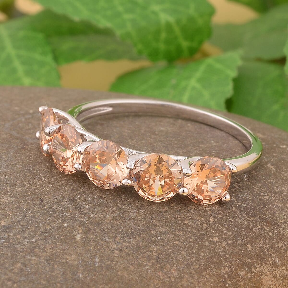 Simulated Champagne Color Diamond 5 Stone Ring in Rhodium Over Sterling Silver (Size 5.0) 3.80 ctw image number 1