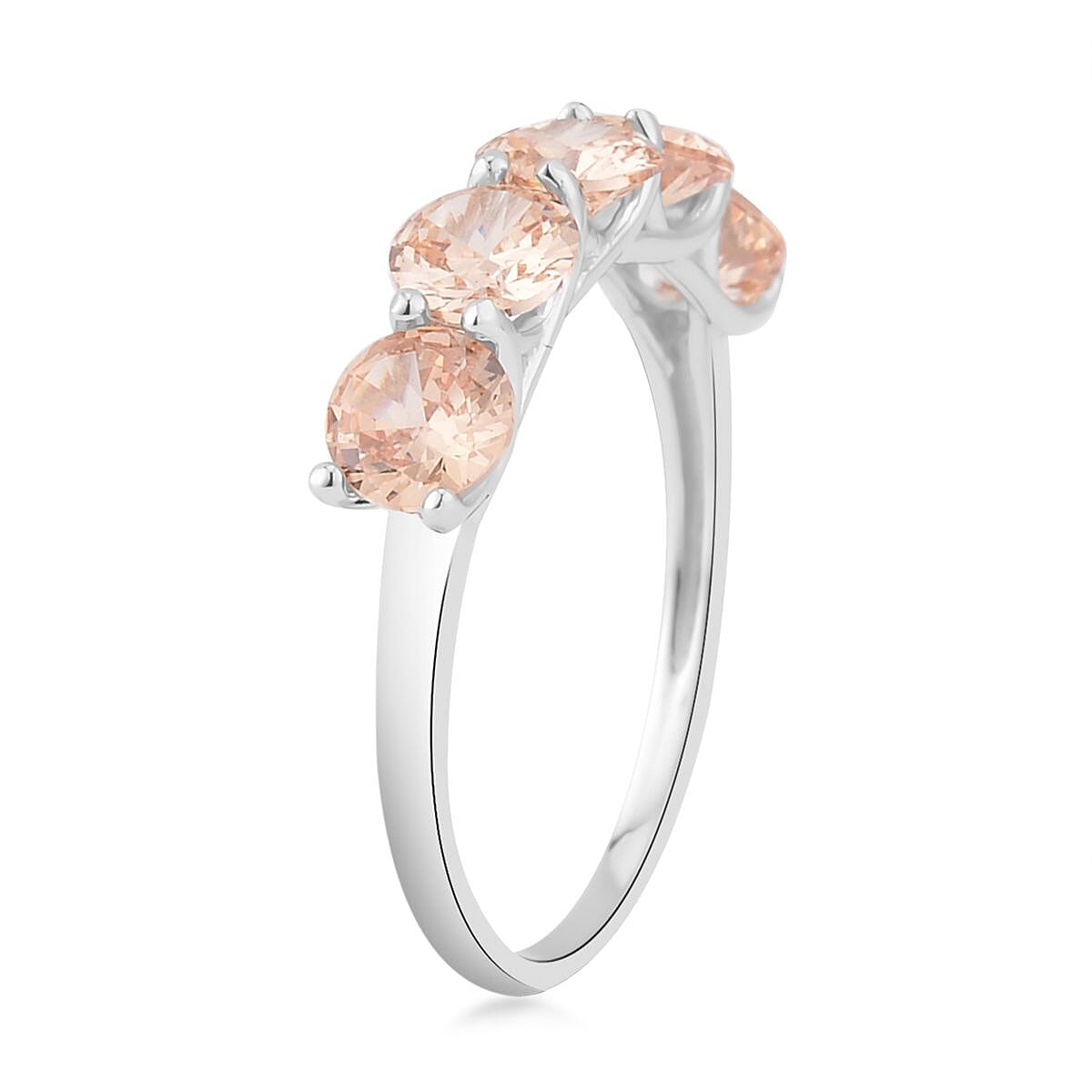 Simulated Champagne Color Diamond 5 Stone Ring in Rhodium Over Sterling Silver (Size 5.0) 3.80 ctw image number 3