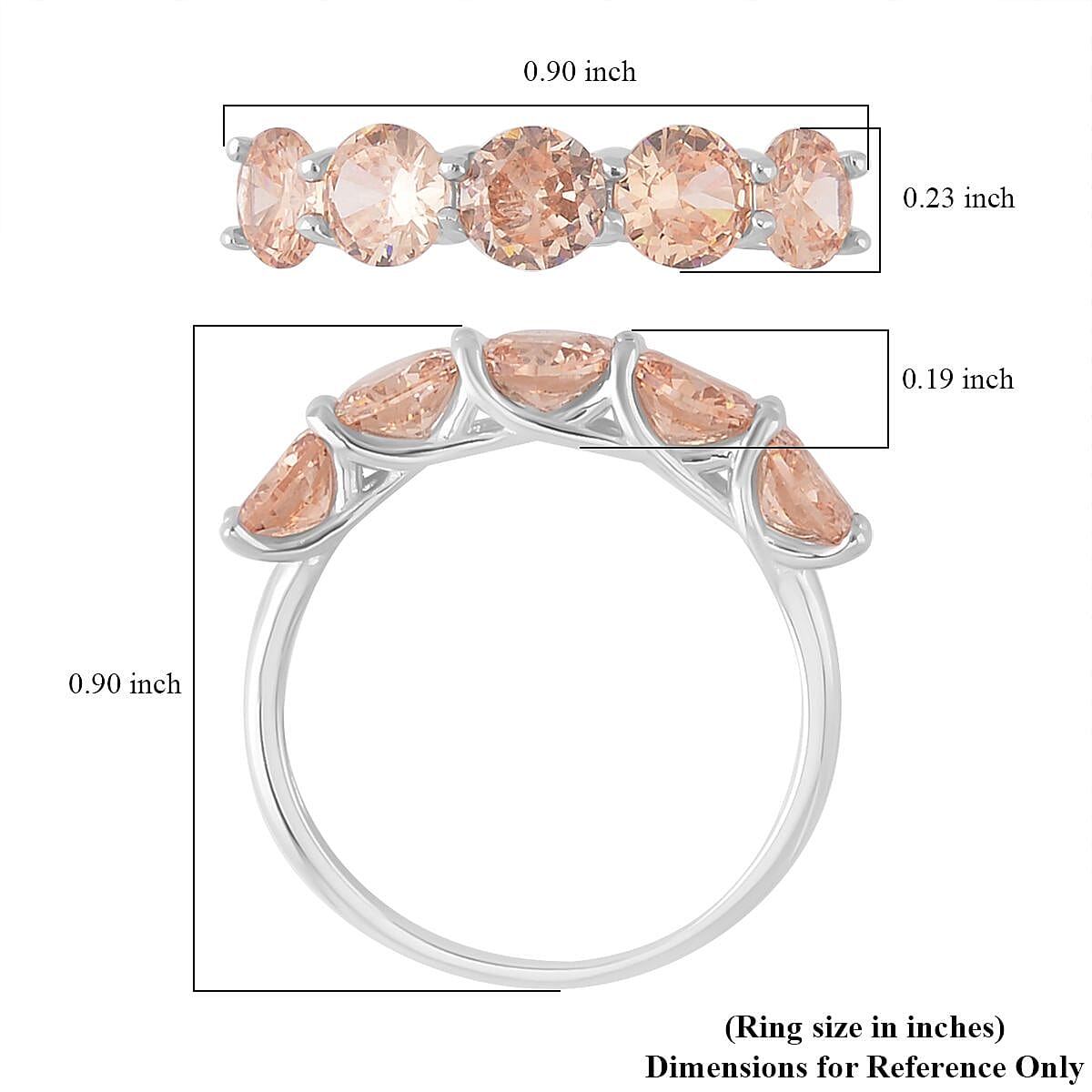 Simulated Champagne Color Diamond 5 Stone Ring in Rhodium Over Sterling Silver (Size 5.0) 3.80 ctw image number 5