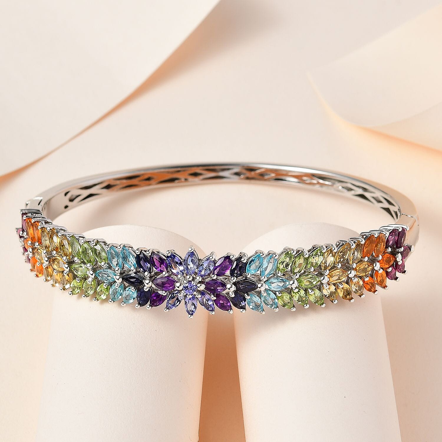 Multi Gemstone Bangle Bracelet in Platinum Over Sterling Silver (8.00 In) 10.20 ctw