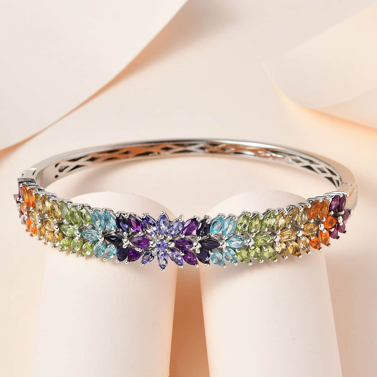 Multi Gemstone Bangle Bracelet in Platinum Over Sterling Silver (8.00 In) 10.20 ctw image number 1