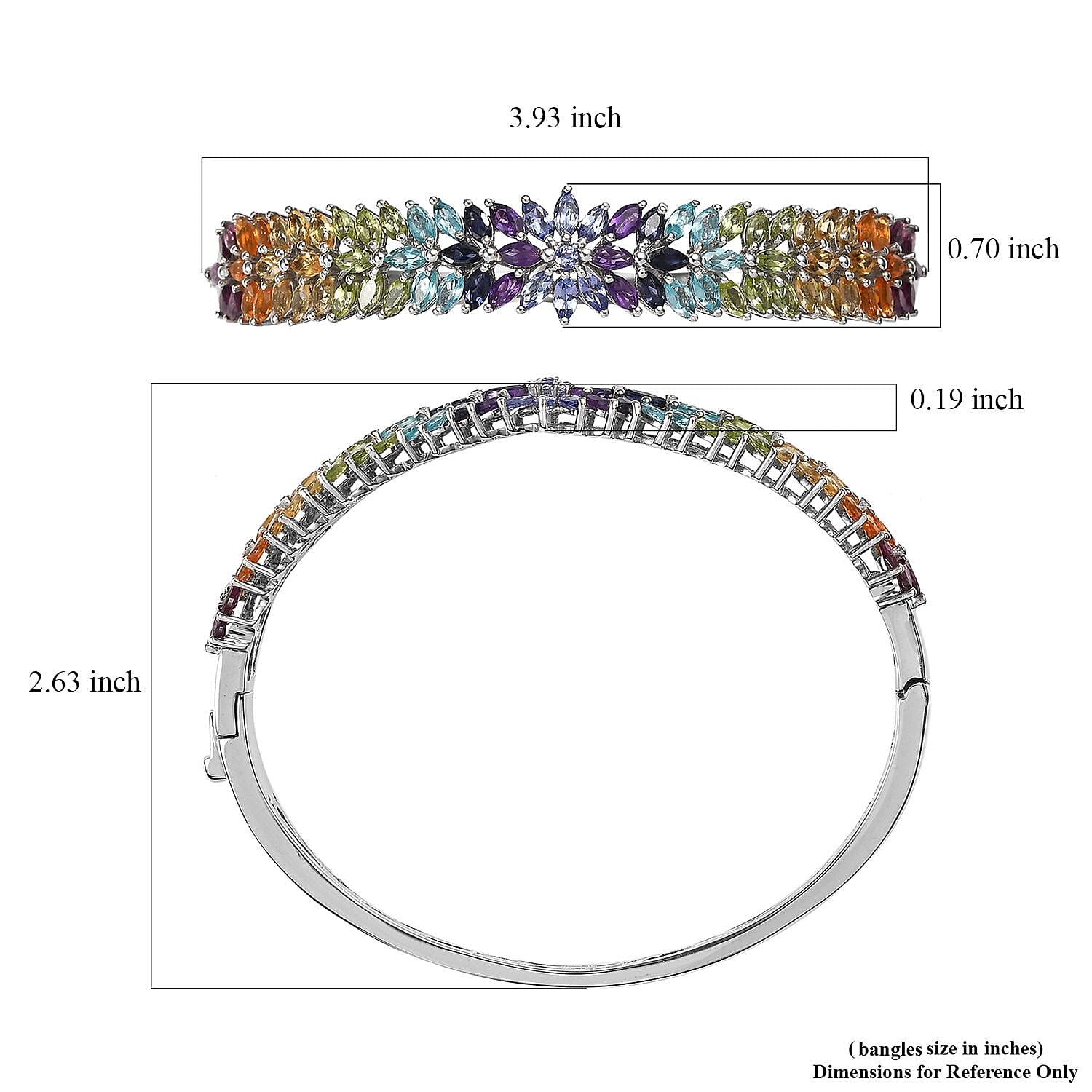 Multi Gemstone Bangle Bracelet in Platinum Over Sterling Silver (8.00 In) 10.20 ctw