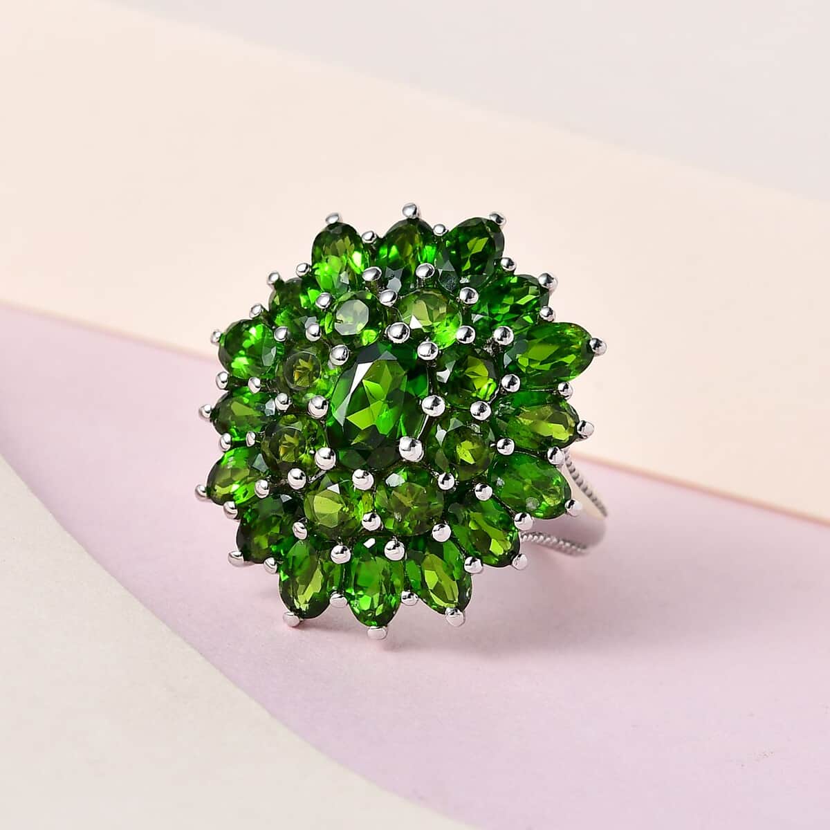 Chrome Diopside 6.00 ctw Floral Cluster Ring in Platinum Over Sterling Silver, Diopside Jewelry, Birthday Anniversary Gift (Size 5.0) image number 1