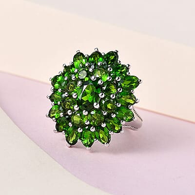 Chrome Diopside 6.00 ctw Floral Cluster Ring in Platinum Over Sterling Silver, Diopside Jewelry, Birthday Anniversary Gift (Size 5.0)