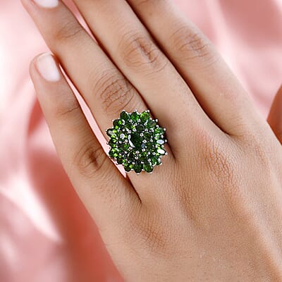 Chrome Diopside 6.00 ctw Floral Cluster Ring in Platinum Over Sterling Silver, Diopside Jewelry, Birthday Anniversary Gift (Size 5.0)