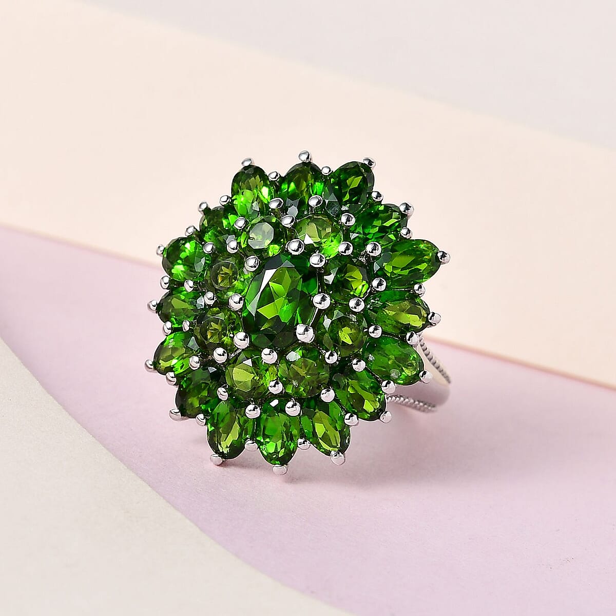 Chrome Diopside 6.00 ctw Floral Cluster Ring in Platinum Over Sterling Silver, Diopside Jewelry, Birthday Anniversary Gift (Size 9.0) image number 1