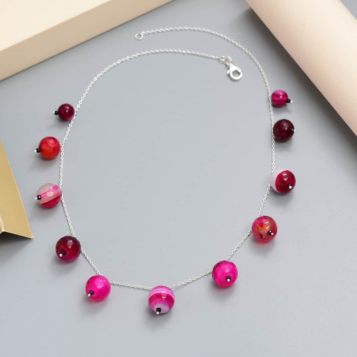 Pink Agate and Thai Black Spinel Necklace 18 Inches in Sterling Silver 97.40 ctw image number 1