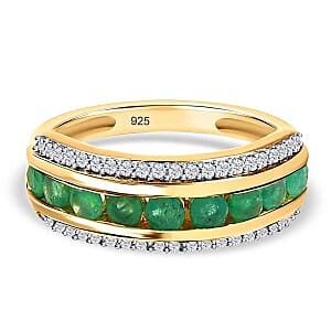 Kagem Zambian Emerald and White Zircon 1.44 ctw Band Ring in Vermeil Yellow Gold Over Sterling Silver (Size 11.5)
