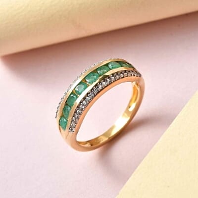 Kagem Zambian Emerald and White Zircon 1.44 ctw Band Ring in Vermeil Yellow Gold Over Sterling Silver (Size 11.5)