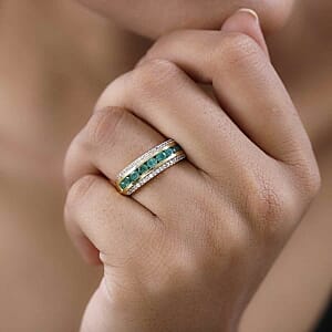 Kagem Zambian Emerald and White Zircon 1.44 ctw Band Ring in Vermeil Yellow Gold Over Sterling Silver (Size 11.5)