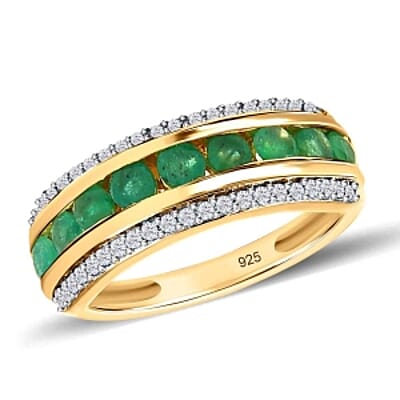Kagem Zambian Emerald and White Zircon 1.44 ctw Band Ring in Vermeil Yellow Gold Over Sterling Silver (Size 11.5)