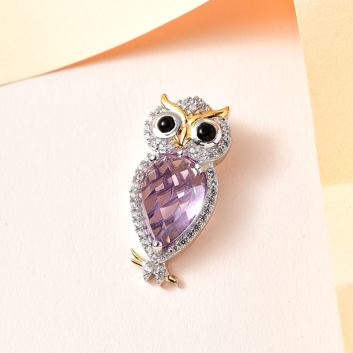 Premium Rose De France Amethyst and Multi Gemstone Owl Pendant in Vermeil Yellow Gold and Platinum Over Sterling Silver 3.40 ctw
