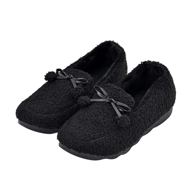 Black Teddy Fleece Shoes with Pompons (Size 7-7.50)
