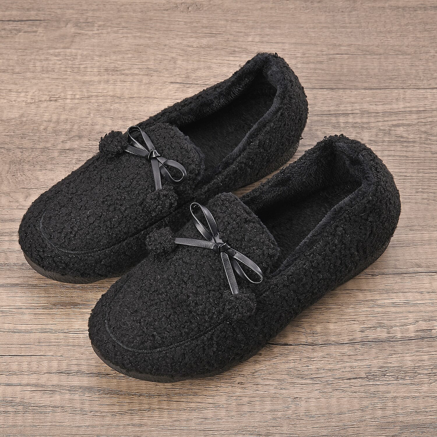 Black Teddy Fleece Shoes with Pompons (Size 7-7.50)