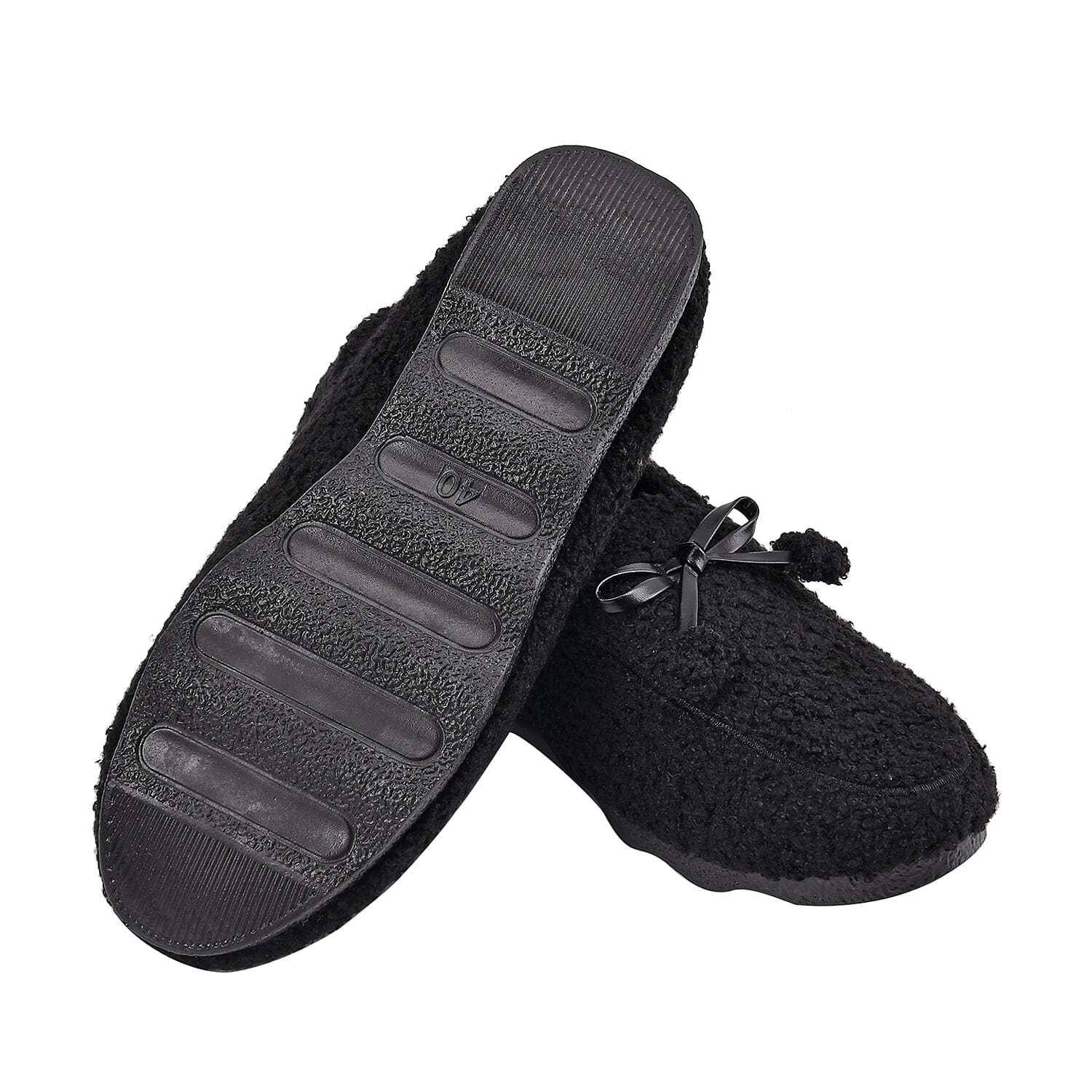 Black Teddy Fleece Shoes with Pompons (Size 7-7.50)