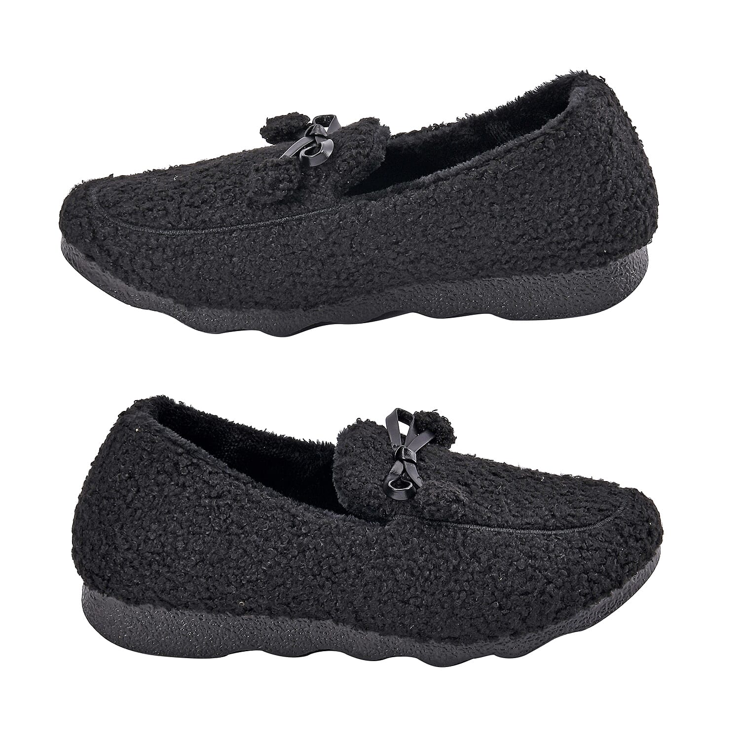 Black Teddy Fleece Shoes with Pompons (Size 7-7.50)