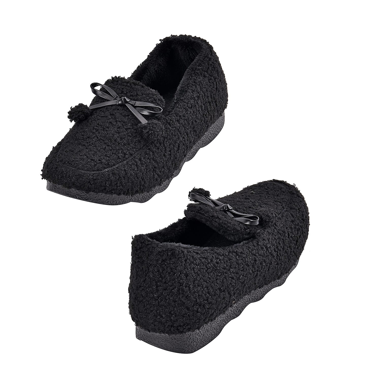 Black Teddy Fleece Shoes with Pompons (Size 7-7.50)