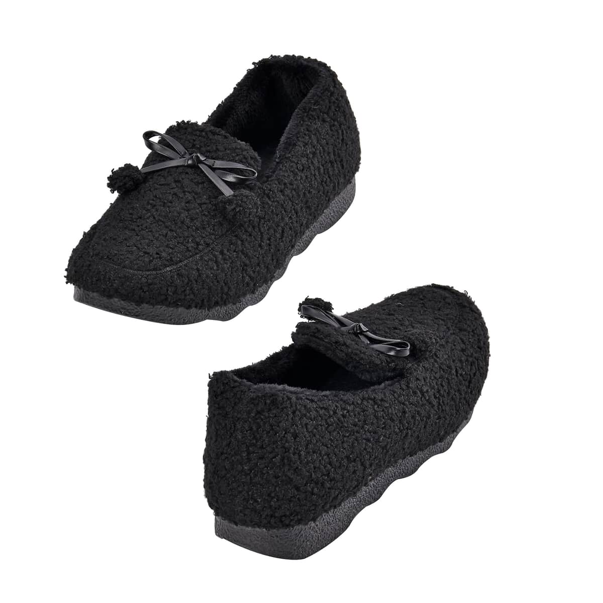 Black Teddy Fleece Shoes with Pompons (Size 9-9.50) image number 6