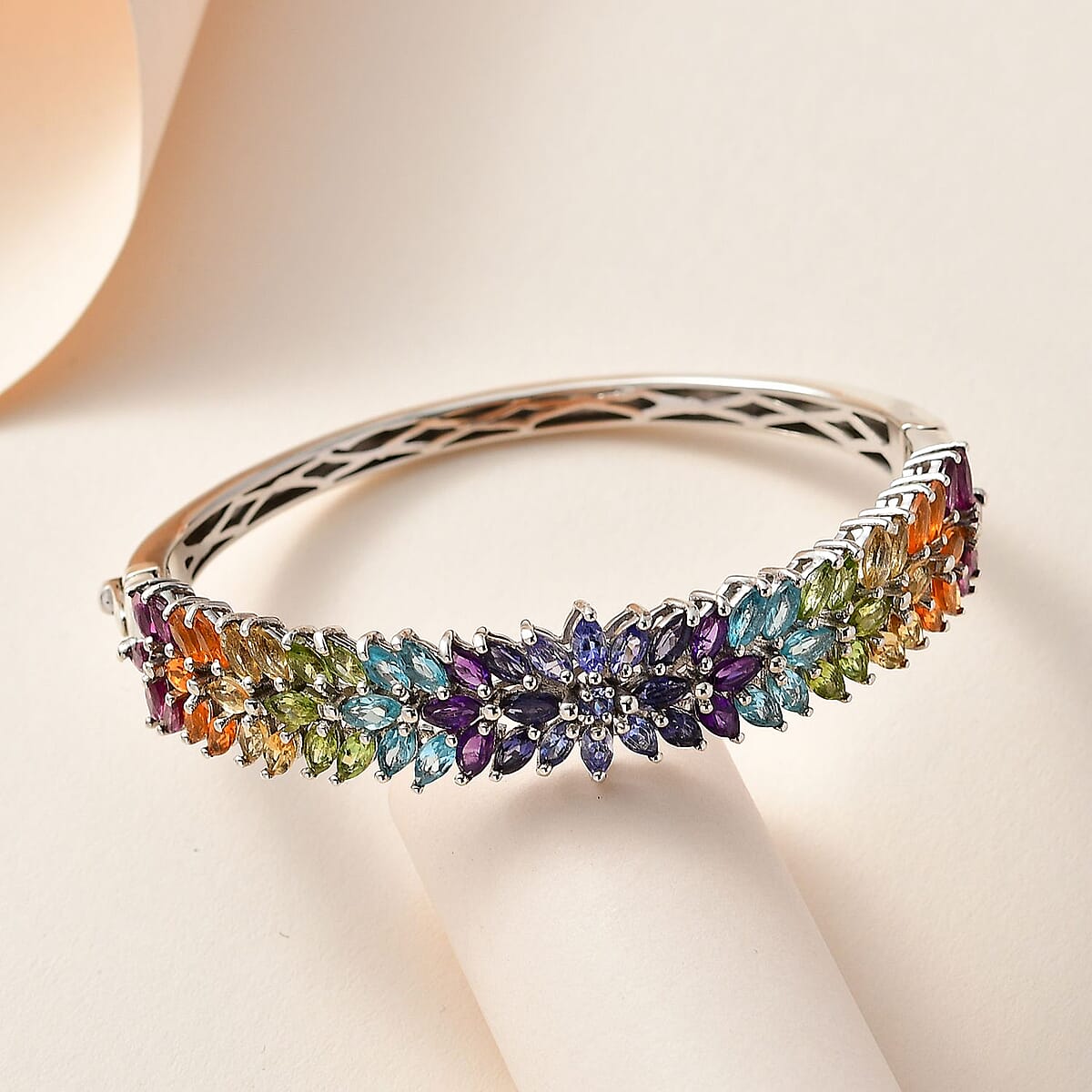 Multi Gemstone Bangle Bracelet in Platinum Over Sterling Silver (6.75 In) 9.20 ctw image number 1