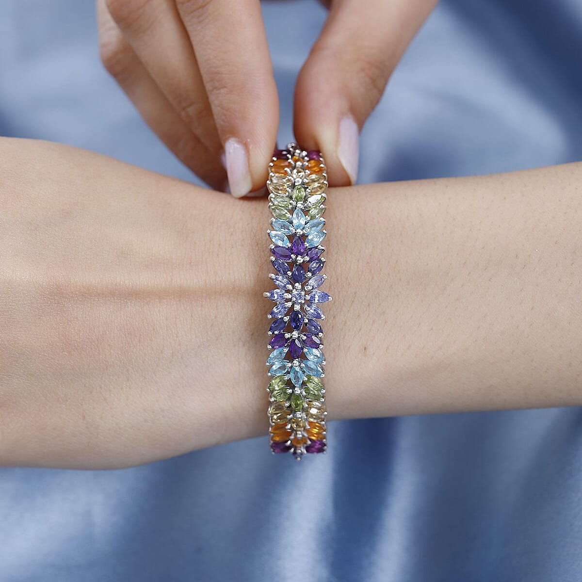 Multi Gemstone Bangle Bracelet in Platinum Over Sterling Silver (6.75 In) 9.20 ctw image number 2