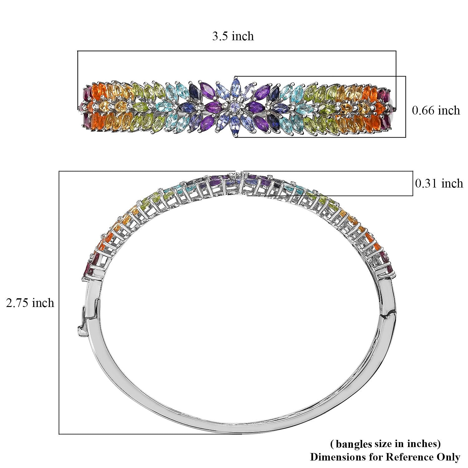 Multi Gemstone Bangle Bracelet in Platinum Over Sterling Silver (8.00 In) 9.65 ctw
