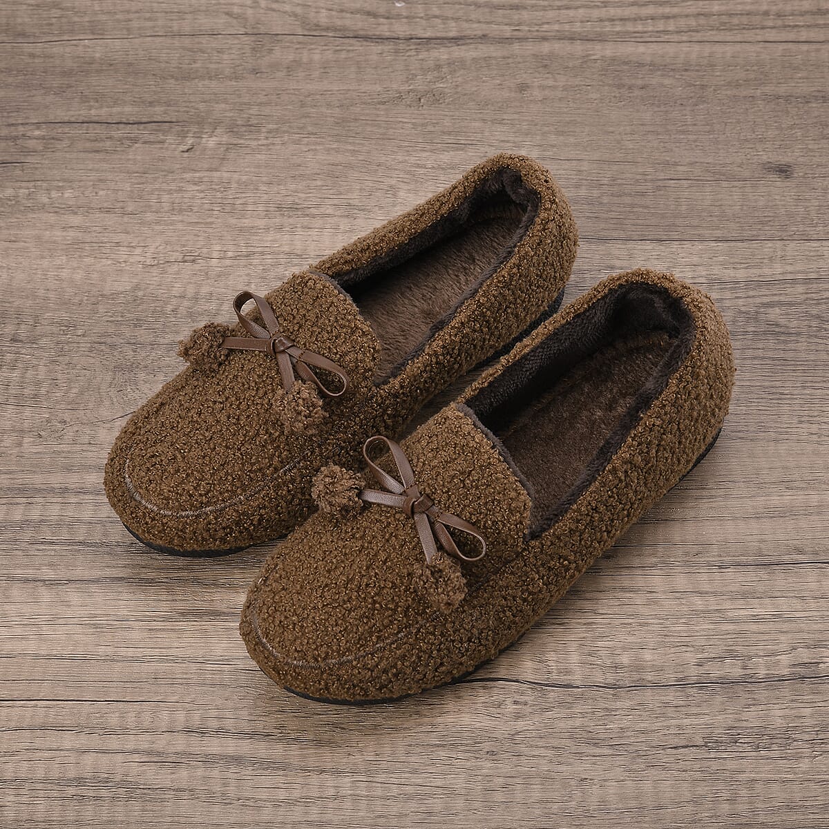 Brown Teddy Fleece Shoes with Pompom (Size 9-9.50) image number 1