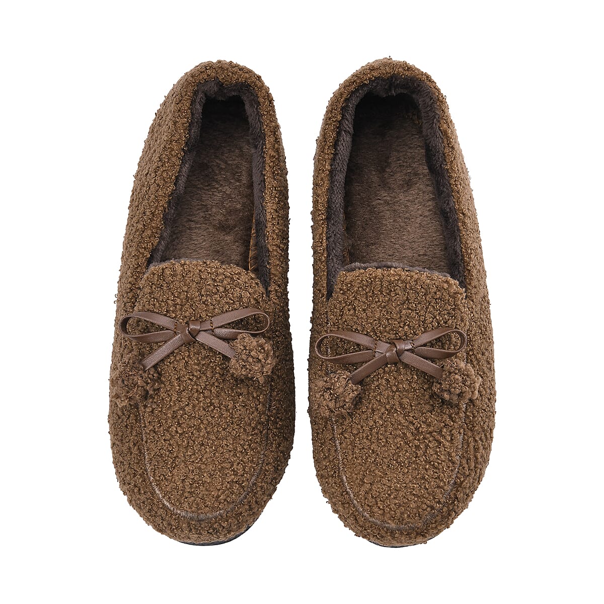 Brown Teddy Fleece Shoes with Pompom (Size 9-9.50) image number 2