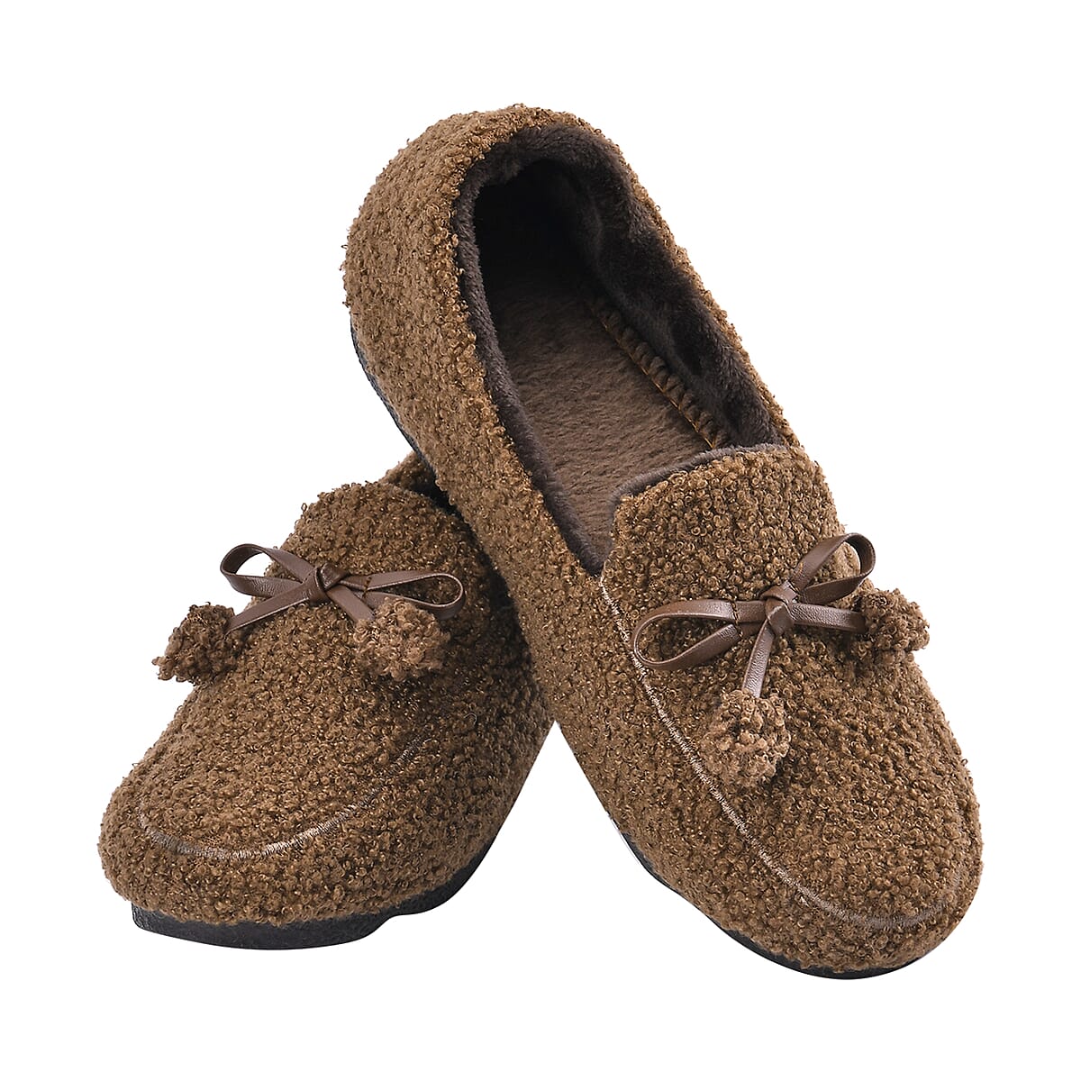 Brown Teddy Fleece Shoes with Pompom (Size 9-9.50) image number 3