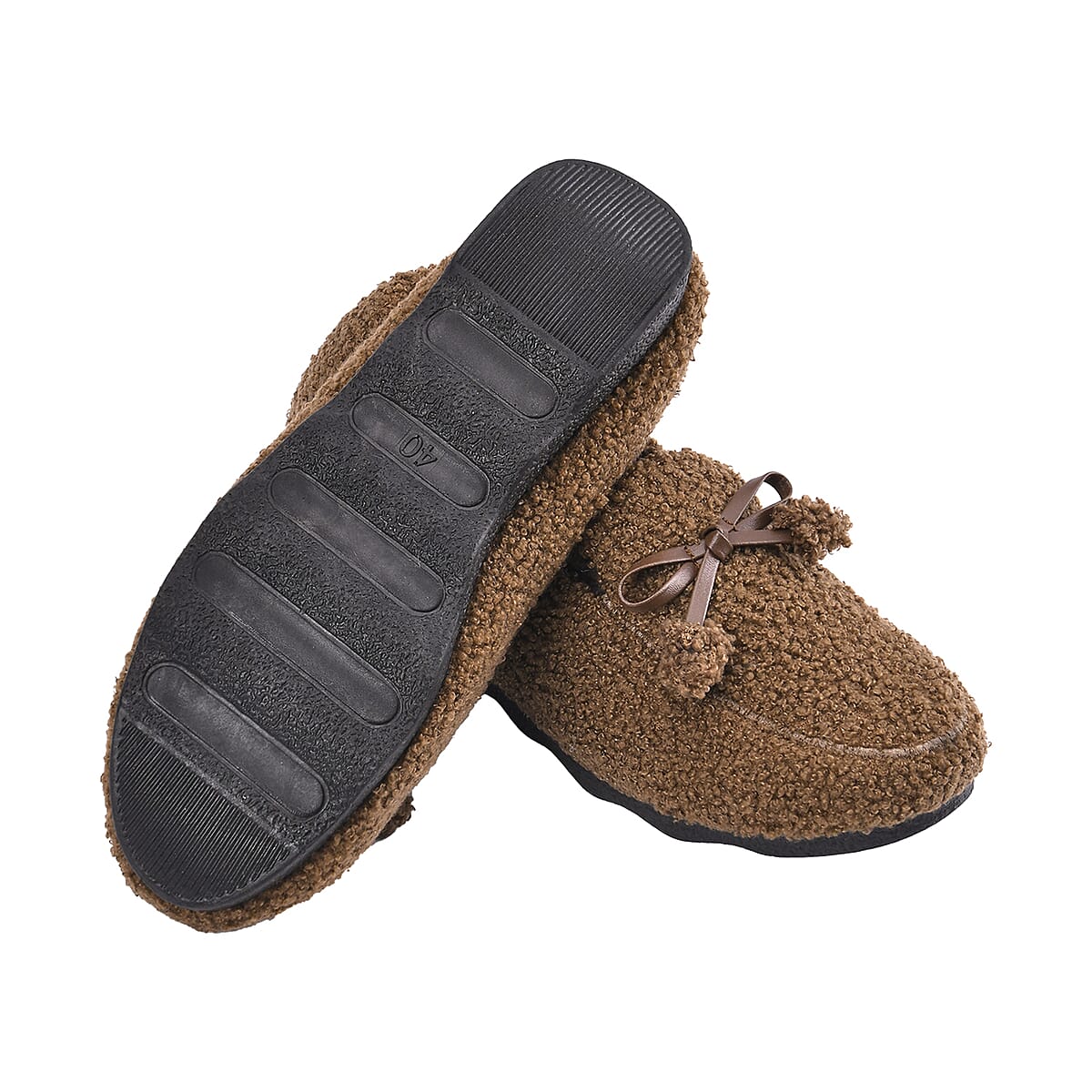 Brown Teddy Fleece Shoes with Pompom (Size 9-9.50) image number 4