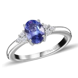 Tanzanite and White Zircon Ring in Platinum Over Sterling Silver (Size 10.0) 1.00 ctw