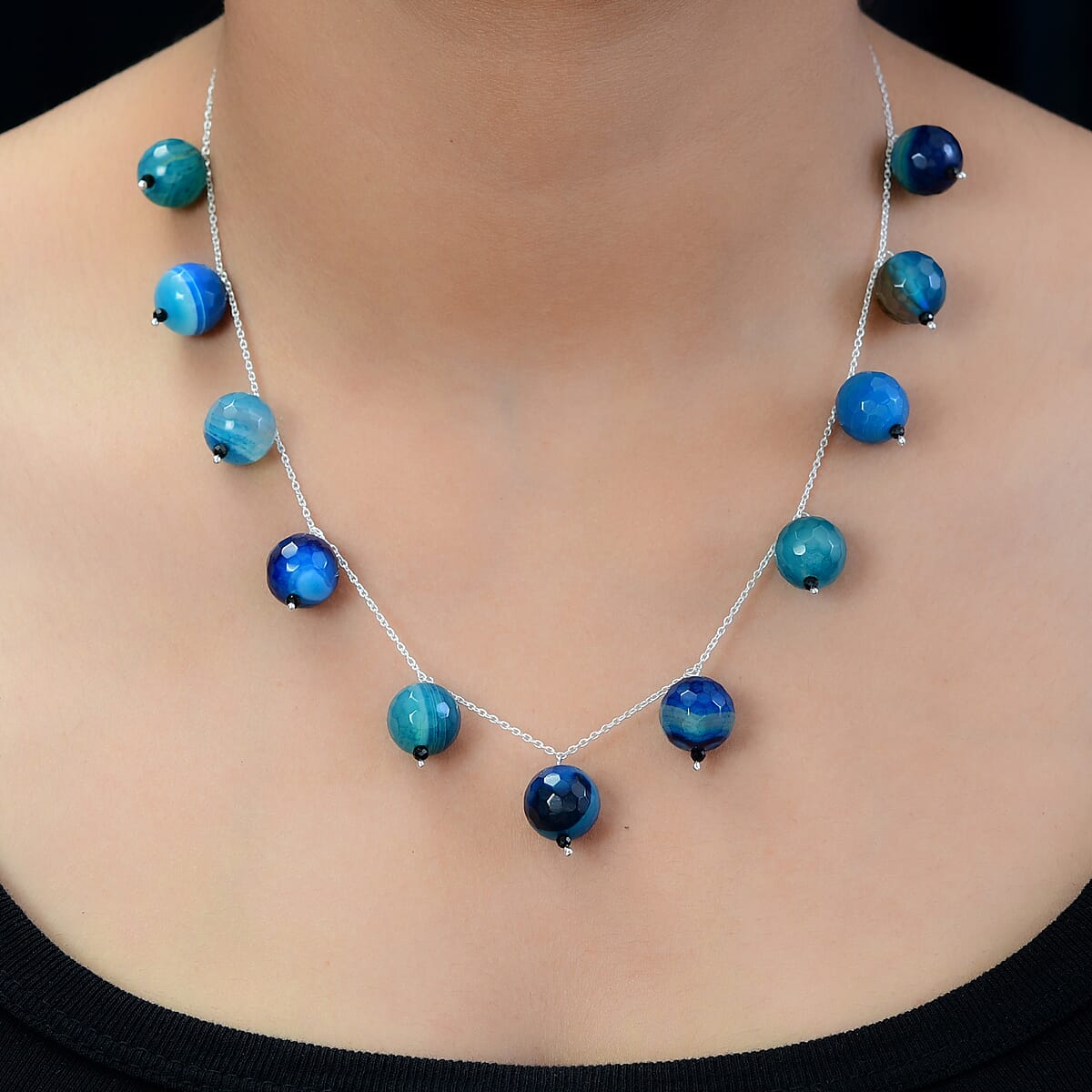 Teal Agate and Thai Black Spinel Necklace 18 Inches in Sterling Silver 97.95 ctw image number 2