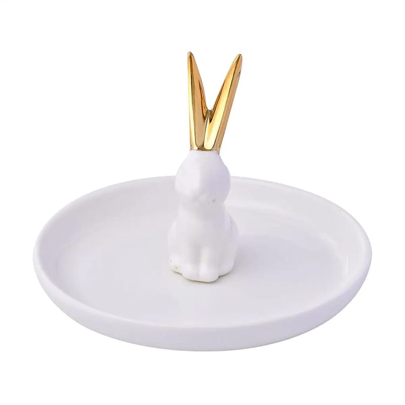 White Body with Gold Ear Bunny Design Ceramic Jewelry Holder