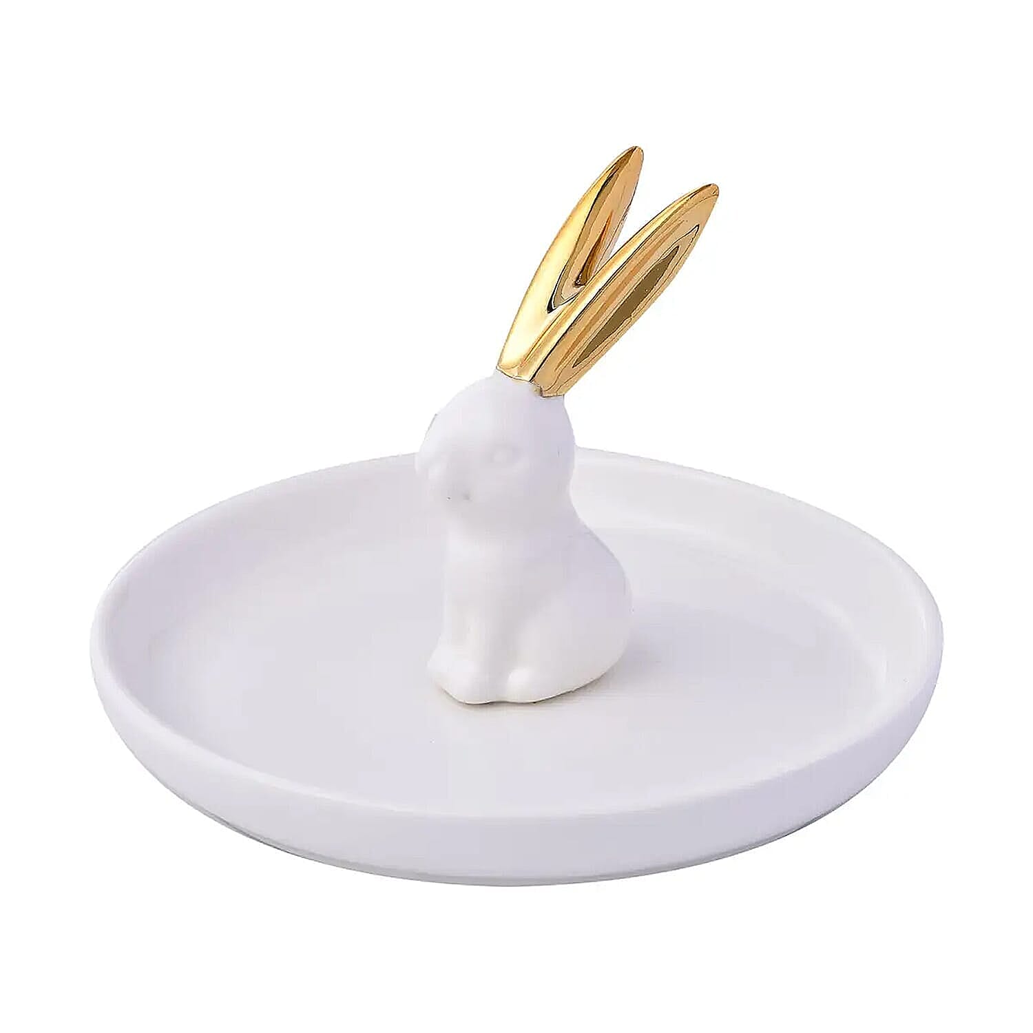 White Body with Gold Ear Bunny Design Ceramic Jewelry Holder