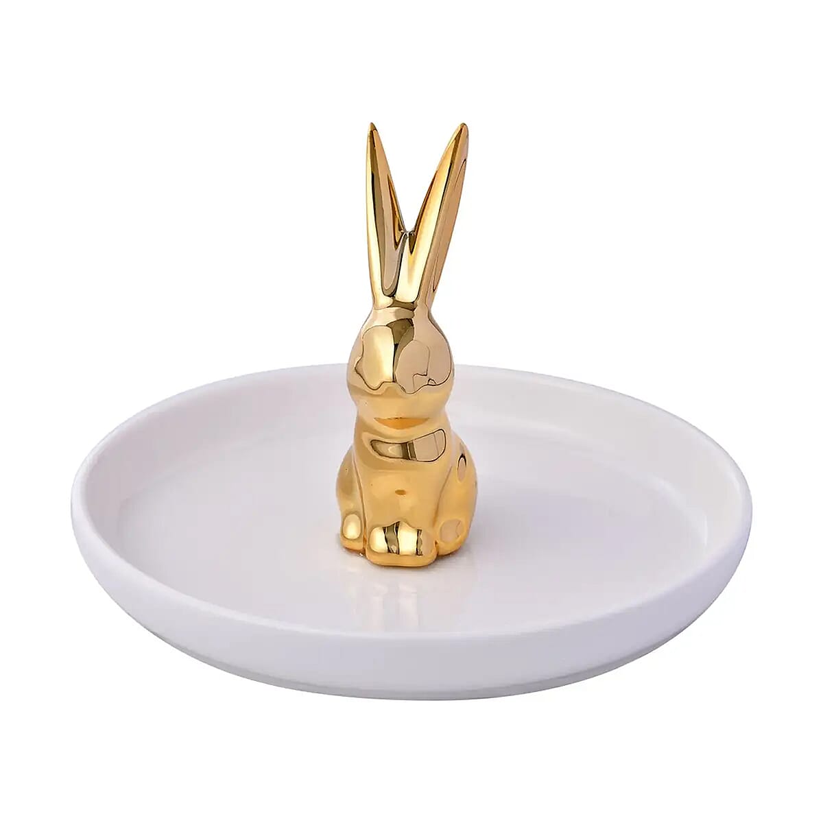 White Tray with Gold Bunny Design Ceramic Jewelry Holder image number 0