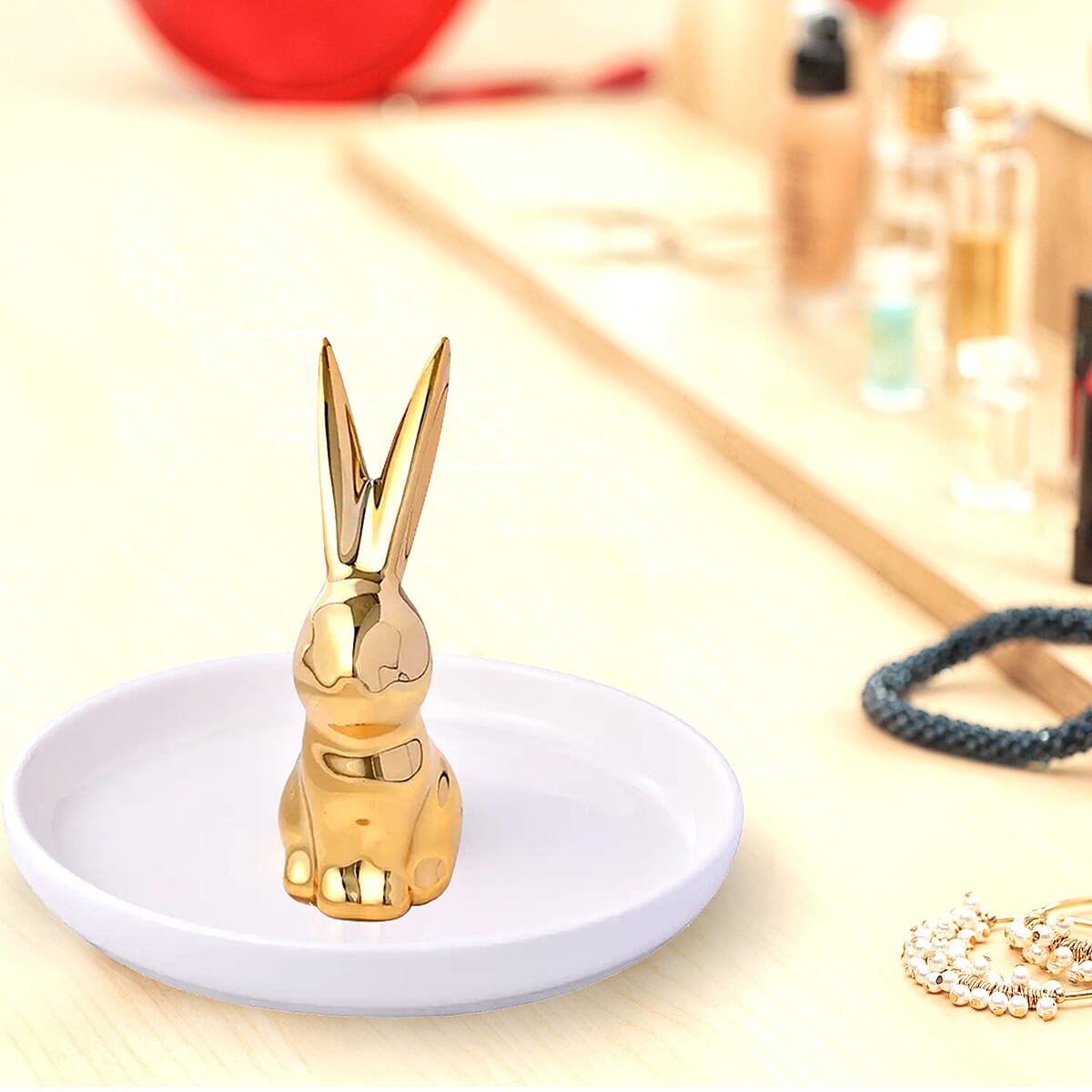 White Tray with Gold Bunny Design Ceramic Jewelry Holder image number 1