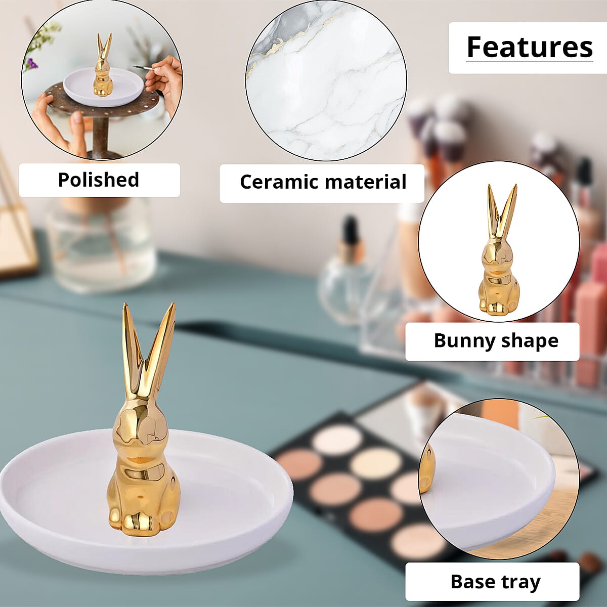 White Tray with Gold Bunny Design Ceramic Jewelry Holder image number 2