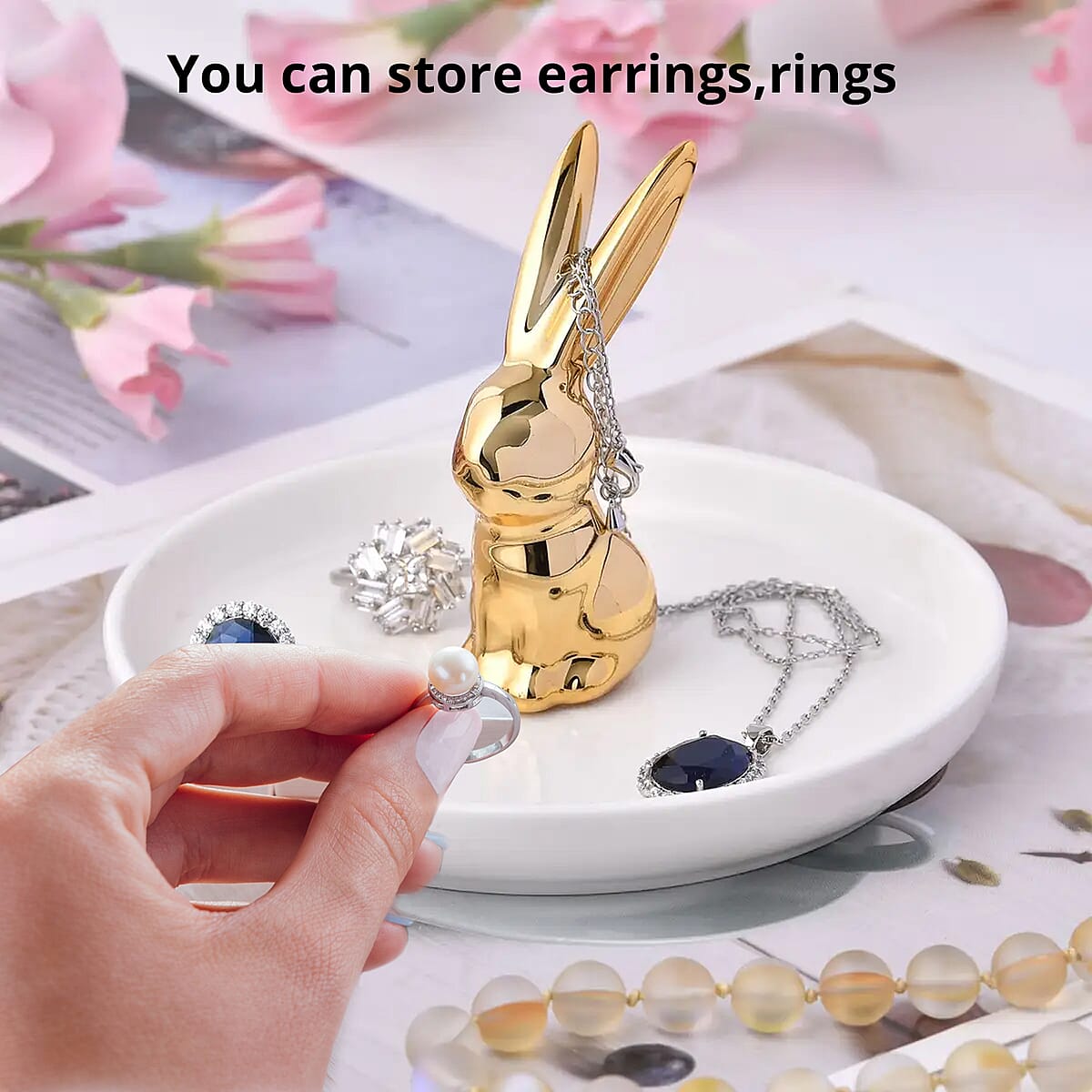 White Tray with Gold Bunny Design Ceramic Jewelry Holder image number 3