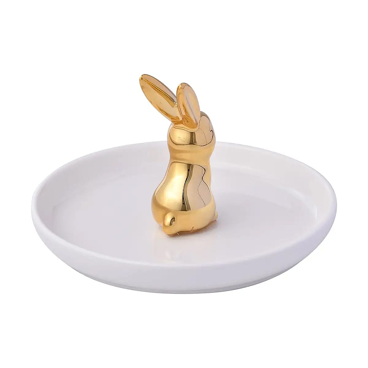 White Tray with Gold Bunny Design Ceramic Jewelry Holder image number 6