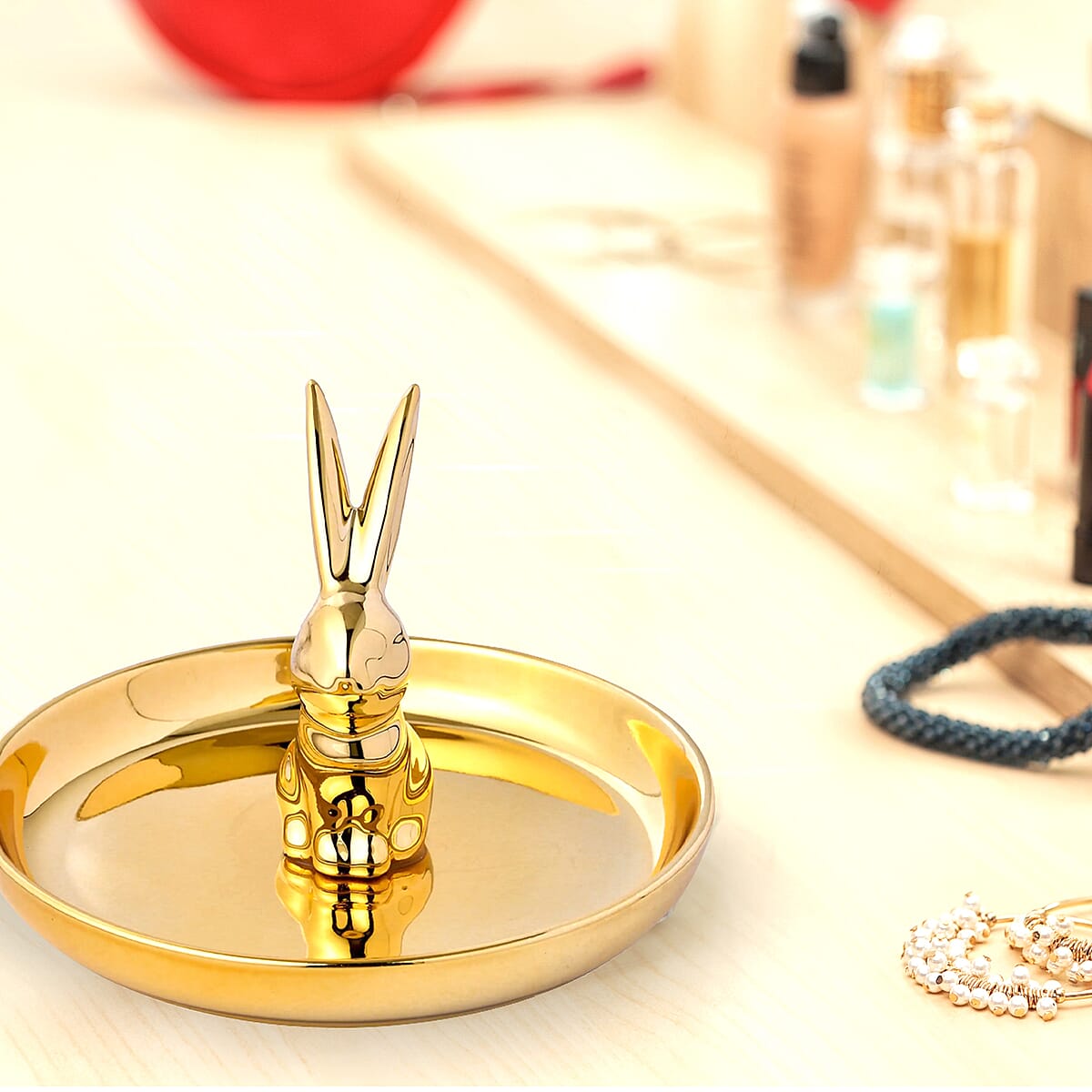 Gold Tray with Gold Color Bunny Design Ceramic Jewelry Holder image number 1