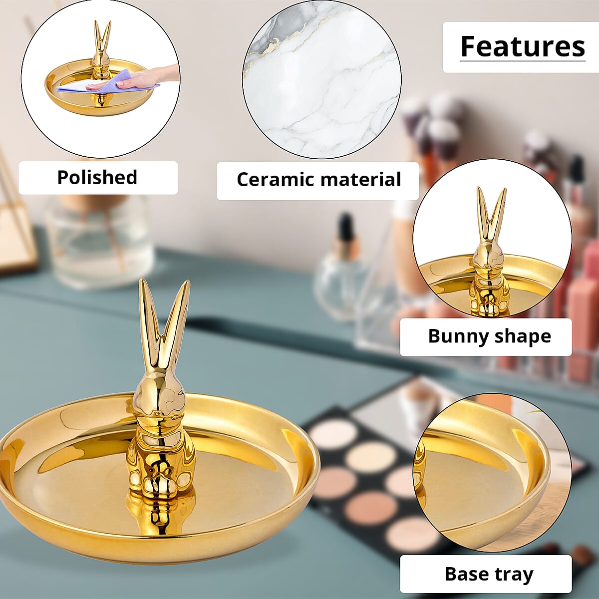 Gold Tray with Gold Color Bunny Design Ceramic Jewelry Holder image number 2