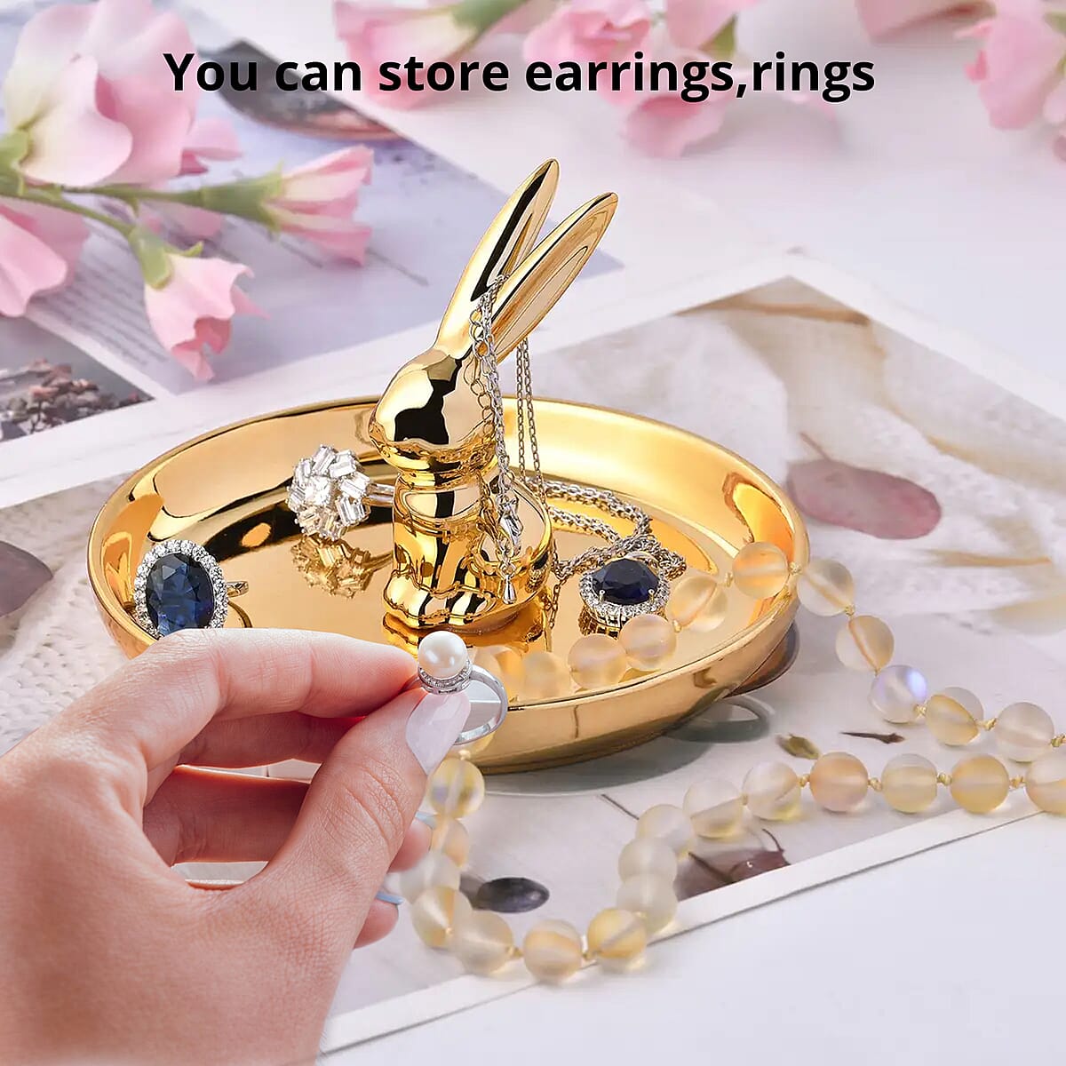 Gold Tray with Gold Color Bunny Design Ceramic Jewelry Holder image number 3