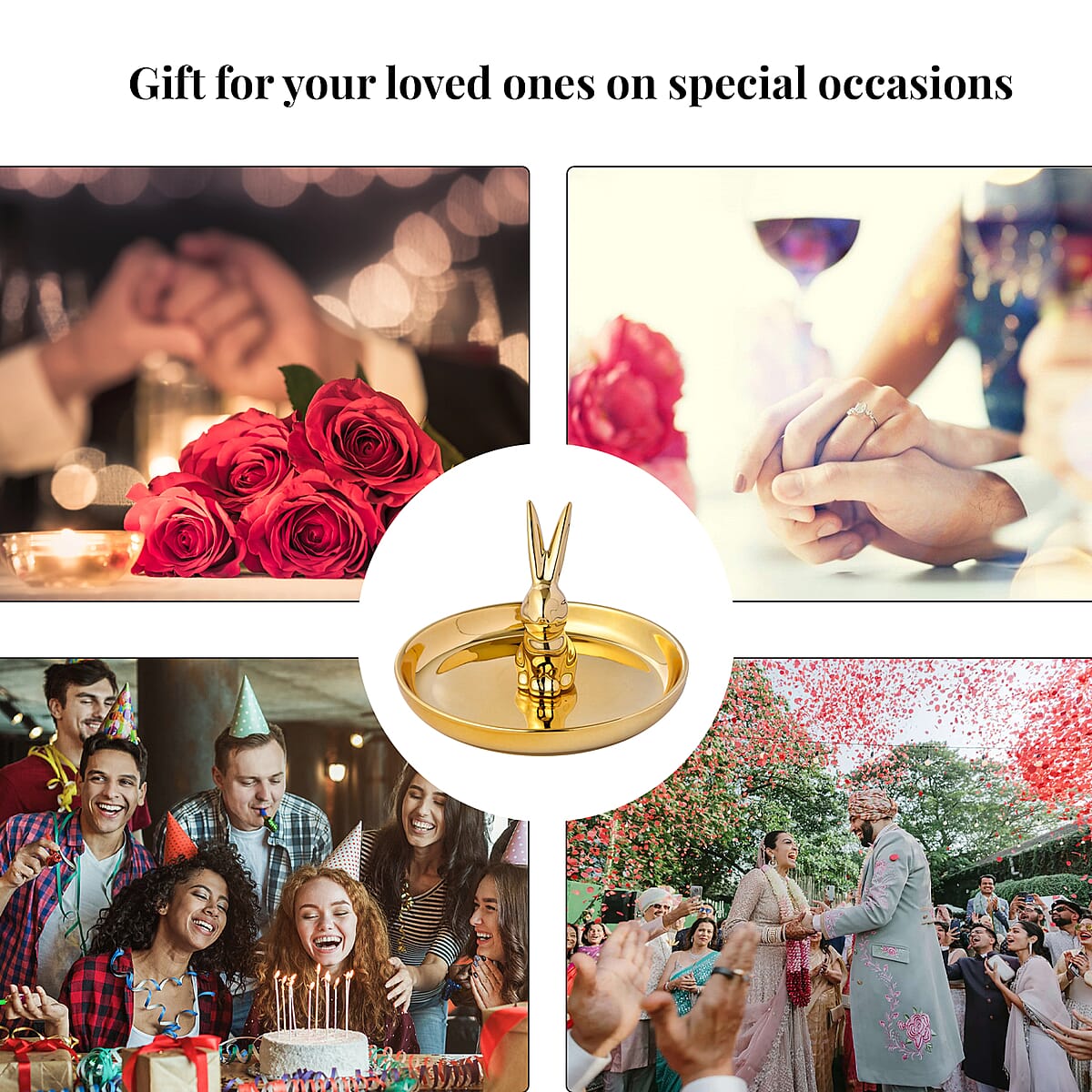 Gold Tray with Gold Color Bunny Design Ceramic Jewelry Holder image number 4