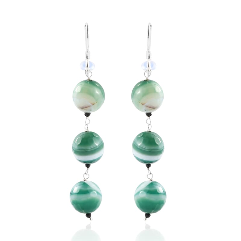 Green Agate and Thai Black Spinel Dangle Earrings in Sterling Silver 75.85 ctw