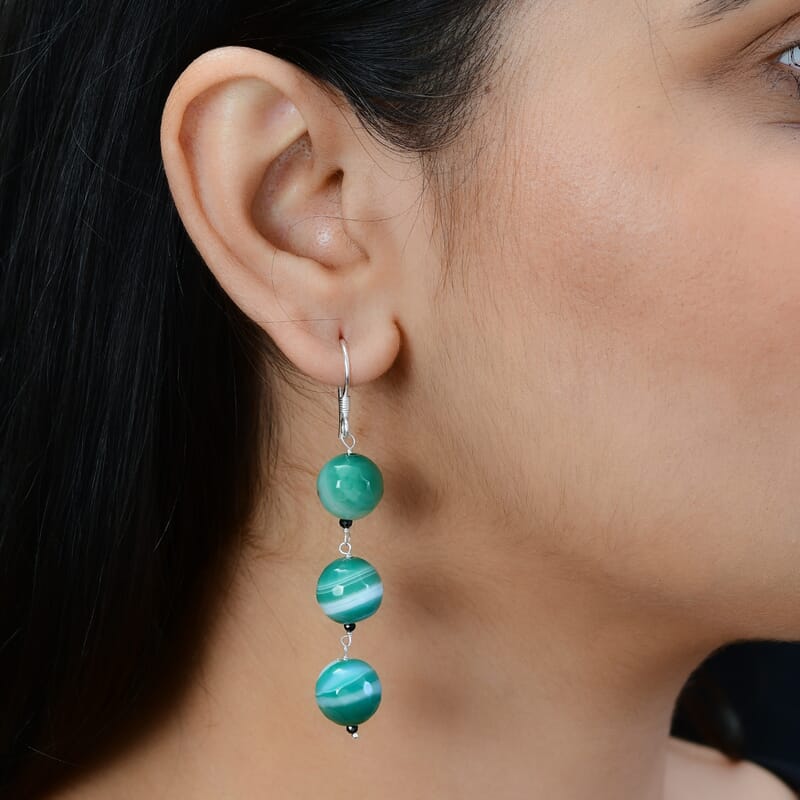 Green Agate and Thai Black Spinel Dangle Earrings in Sterling Silver 75.85 ctw
