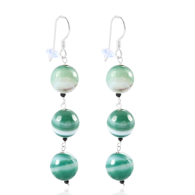 Green Agate and Thai Black Spinel Dangle Earrings in Sterling Silver 75.85 ctw