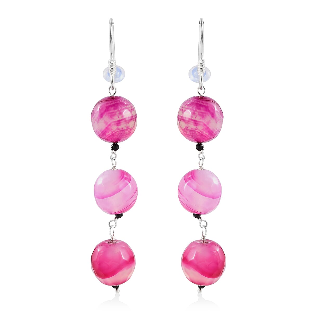 Pink Agate and Thai Black Spinel Dangle Earrings in Sterling Silver 75.85 ctw