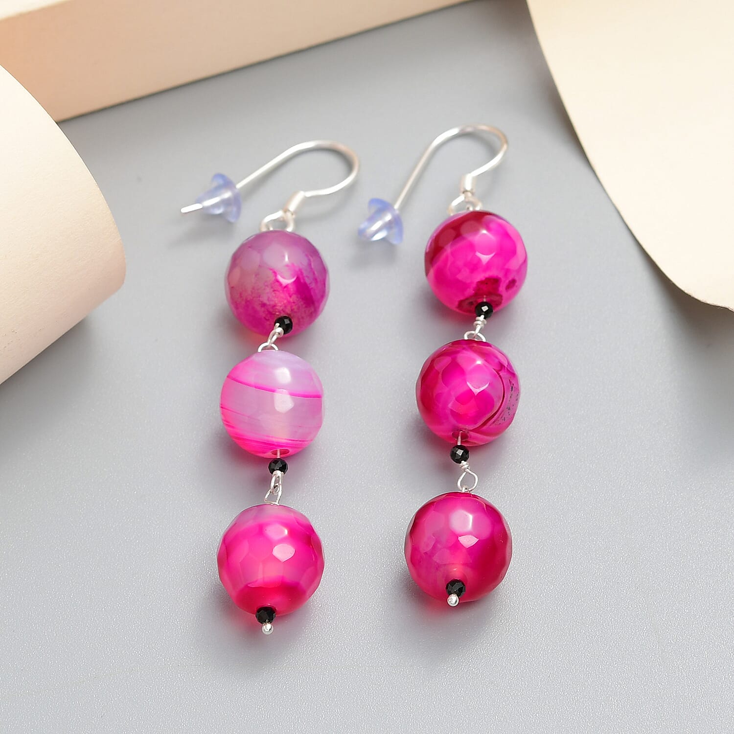 Pink Agate and Thai Black Spinel Dangle Earrings in Sterling Silver 75.85 ctw